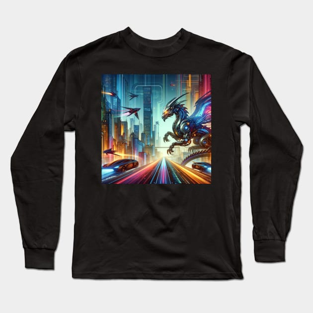 Cyber Wyvern: Velocity Over the Neon Nexus Long Sleeve T-Shirt by ElectricPeacock